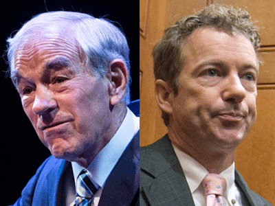 Former Rep. Ron Paul and Sen. Rand Paul (Photo by Brendan Smialowski/Getty Images; Photo by J. Scott Applewhite/AP)