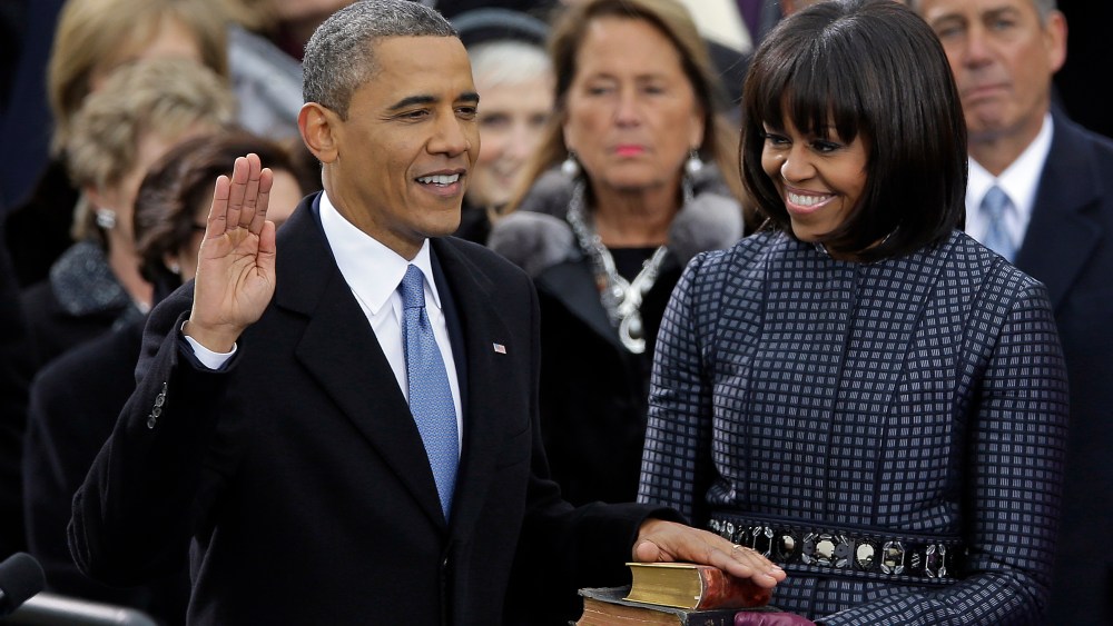 President Barack Obama receives the oath of office from Chief Justice John Roberts as first lady Michelle Obams and his daughters Malia and Sasha look on at the ceremonial swearing-in at the U.S. Capitol during the 57th Presidential Inauguration in...