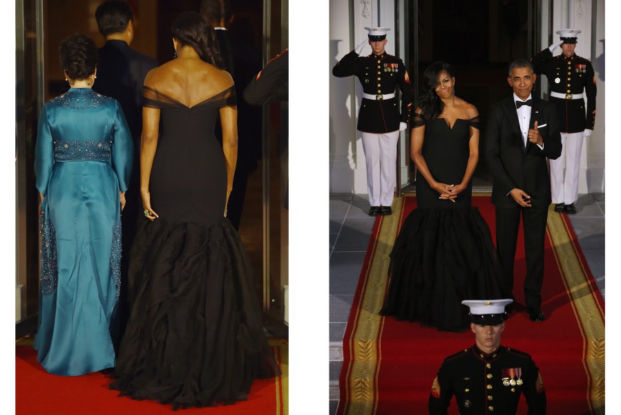 (R) First Lady Michelle Obama and Chinese First Lady Peng Liyuan walk into the White House. (L) President Obama gives a thumbs up about Michelle Obama's dress, Sept. 25, 2015, Washington, DC. (Photo by Jim Watson/AFP/Getty)