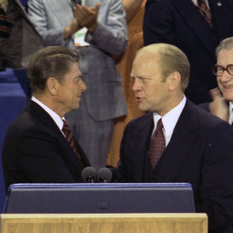 Ronald Reagan shakes hands with then-President Gerald Ford at the 1976 Republican National Convention at Kemper Arena in Kansas City. (Courtesy Gerald R. Ford Library)