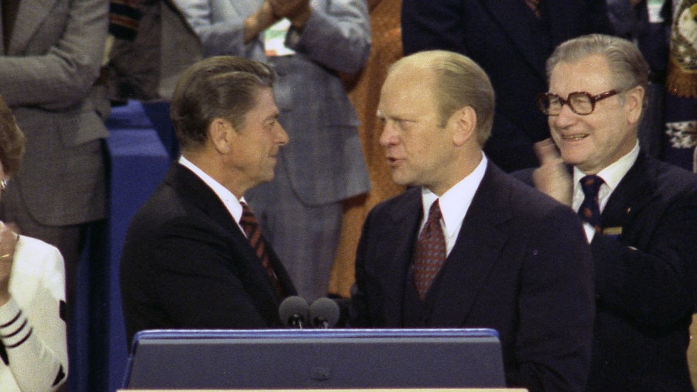Ronald Reagan shakes hands with then-President Gerald Ford at the 1976 Republican National Convention at Kemper Arena in Kansas City. (Courtesy Gerald R. Ford Library)