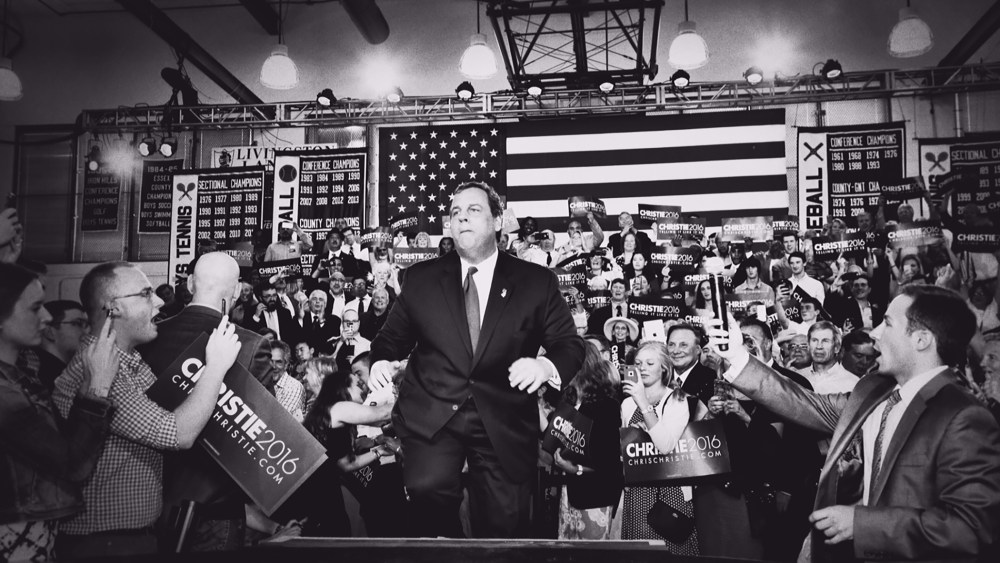 New Jersey Gov. Chris Christie takes the stage during an event announcing that he will seek the Republican nomination for president, June 30, 2015, at Livingston High School in Livingston, N.J. (Photo by Mark Peterson/Redux for MSNBC).