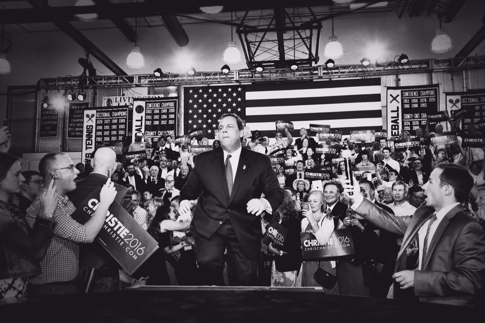New Jersey Gov. Chris Christie takes the stage during an event announcing that he will seek the Republican nomination for president, June 30, 2015, at Livingston High School in Livingston, N.J. (Photo by Mark Peterson/Redux for MSNBC).