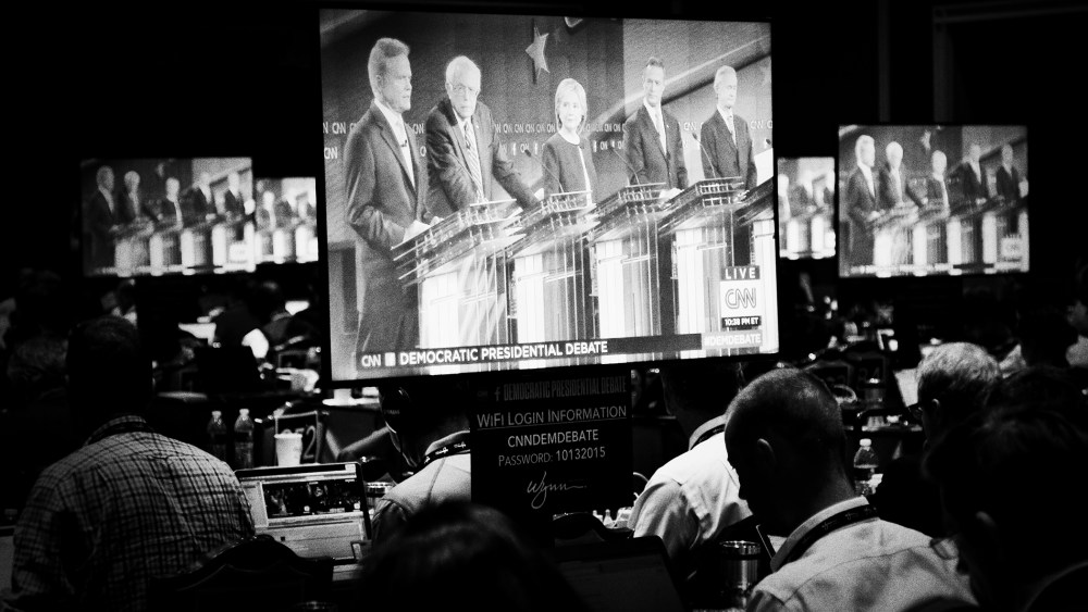 Reporters watch the first Democratic Presidential debate at the Wynn Las Vegas resort and casino on Oct. 12, 2015 in Las Vegas, Nev. (Photo by Mark Peterson/Redux for MSNBC)
