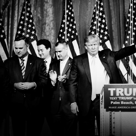 Republican presidential candidate Donald Trump waves goodbye at his primary election night event at the Mar-a-Lago Club in Palm Beach, Fla., March 15, 2016. (Photo by Mark Peterson/Redux for MSNBC)