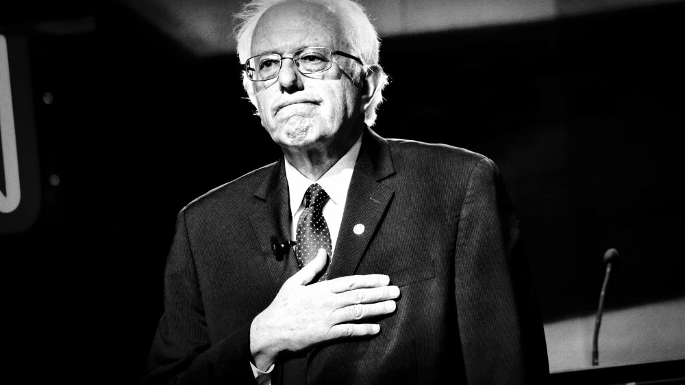 Bernie Sanders listens to the national anthem at the CNN Debate between Hillary Clinton and himself at the Navy Yard in Brooklyn, N.Y., April 14, 2016. (Photo by Mark Peterson/Redux for MSNBC)