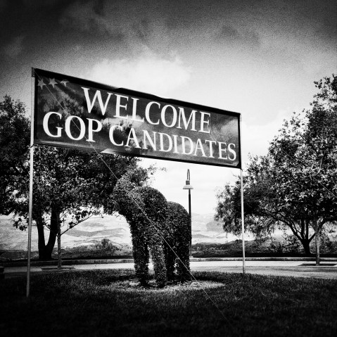 A sign outside the Ronald Reagan Presidential Library welcomes the GOP candidates before the 2015 CNN Republican Presidential Debate in Simi Valley, Calif. on Sept. 16, 2015.