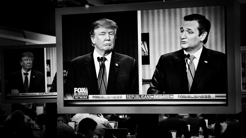 Donald Trump and Ted Cruz argue on-screen at the Republican Presidential debate in North Charleston, S.C. on Jan. 14, 2016. (Photo by Mark Peterson/Redux for MSNBC)