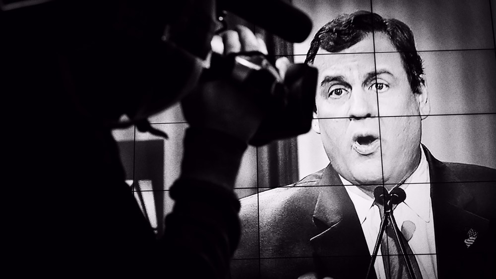 Chris Christie appears on-screen at the Republican Presidential debate in North Charleston, S.C. on Jan. 14, 2016. (Photo by Mark Peterson/Redux for MSNBC)