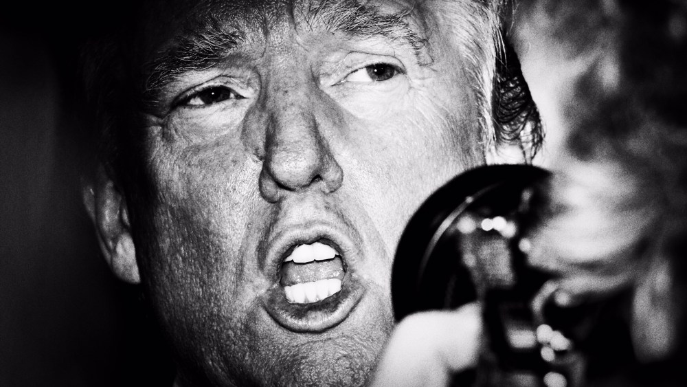 Donald Trump is photographed as he talks to the press in the media spin room after the Republican Presidential debate in North Charleston, S.C. on Jan. 14, 2016. (Photo by Mark Peterson/Redux for MSNBC)
