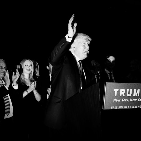 Donald Trump speaks at his New York primary victory rally at Trump Tower, New York, April 19, 2016. (Photo by Mark Peterson/Redux for MSNBC)