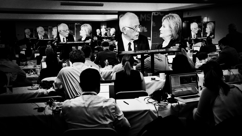 The media filing room at the Democratic presidential primary debate hosted by MSNBC at the University of New Hampshire on Feb. 4, 2016, in Durham, N.H.