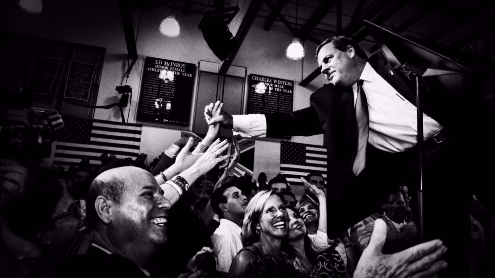 New Jersey Gov. Chris Christie greets supporters during an event announcing that he will seek the Republican nomination for president, June 30, 2015, at Livingston High School in Livingston, N.J. (Photo by Mark Peterson/Redux for MSNBC)