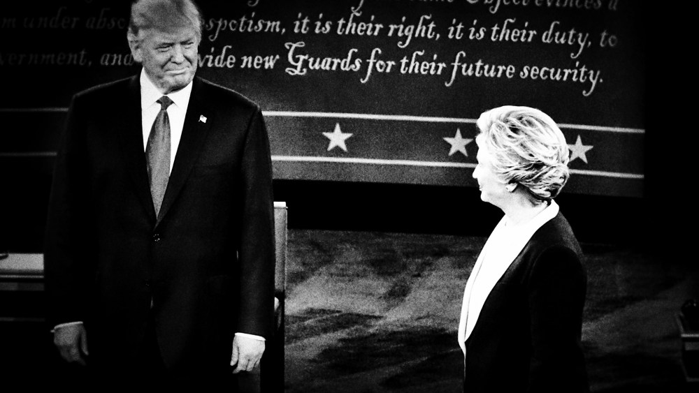 Presidential candidates Hillary Clinton and Donald Trump take the stage and begin the second presidential debate without shaking hands, Oct. 9, 2016. (Photo by Mark Peterson/Redux for MSNBC)