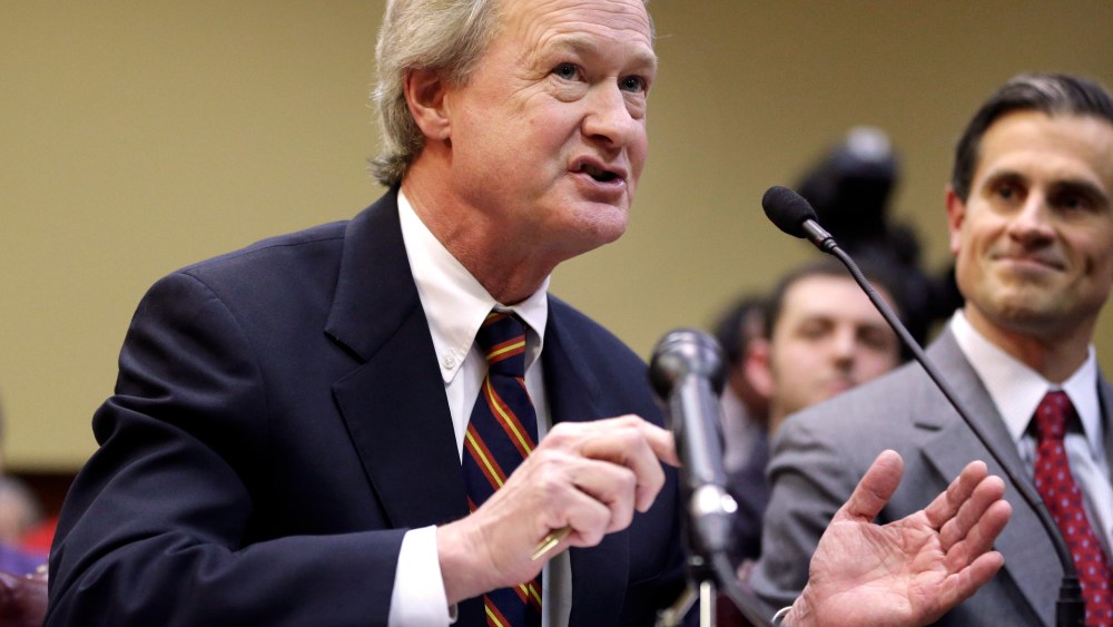 Rhode Island Gov. Lincoln Chafee testifies in support of same-sex marriage before the House Judiciary Committee, at the Statehouse, in Providence, R.I., Tuesday, Jan. 15, 2013. R.I. House Speaker Gordon Fox has called a vote on gay marriage legislation...