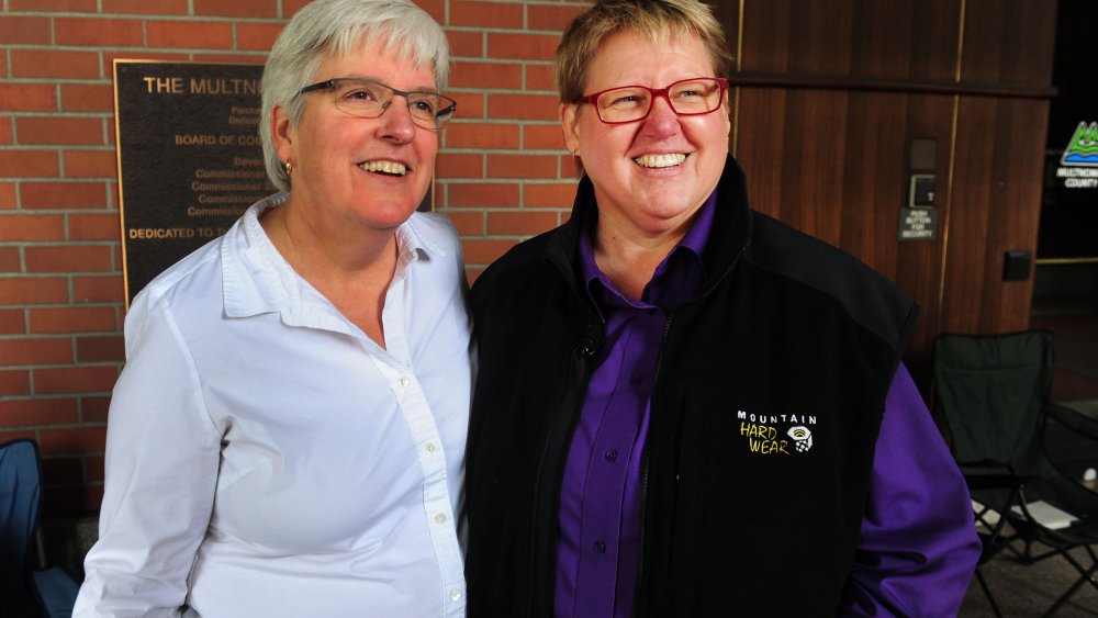Deana Geiger, left, and Janine Nelson, are interviewed in front of the Multnomah County Recorder's building in Portland, Ore. on May. 19, 2014. Geiger and Nelson are the plaintiffs in the Marriage Equality case.