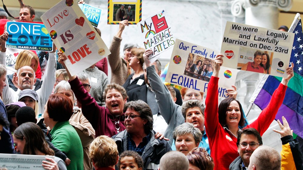 Supporters of gay marriage fill the rotunda as they gather to rally at the Utah State Capitol, Jan. 10, 2014.