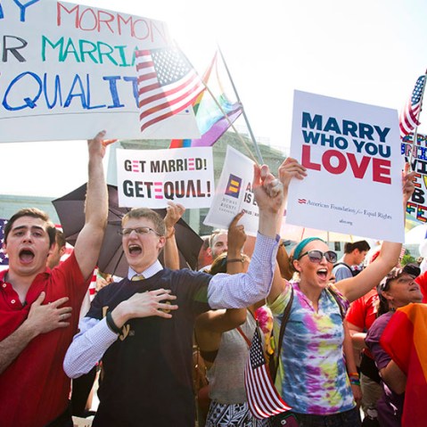 Gay rights supporters gather outside the Supreme Court just before it ruled that the Defense of Marriage Act (DOMA), which prevents the federal government from recognizing same-sex marriage, is unconstitutional in Washington, DC, USA, 26 June 2013. ...