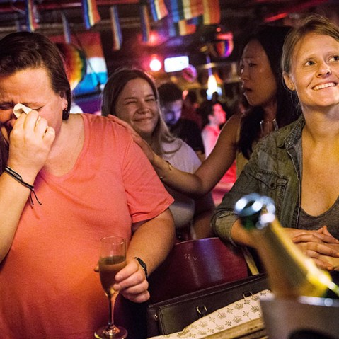 (L-R) Rachel Howald, Kate Lummus, Virginia Sin and Gretchen Menter celebrate after the Supreme Court ruled key portions of the Defense of Marriage Act (DOMA) unconstitutional, at the Stonewall Inn on June 26, 2013 in the West Village neighborhood of...