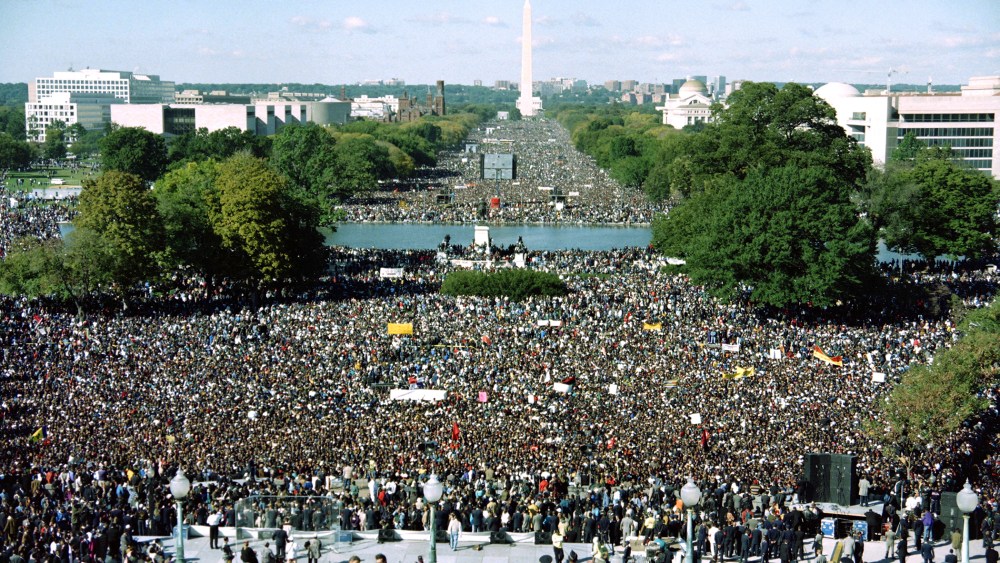 This photograph taken from the U.S. Capitol Building shows thousands of people gathered on the Mall during the "Million Man March" in Washington D.C., on Oct. 16, 1995. (Photo by Richard Ellis/AFP/Getty)