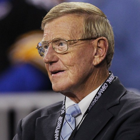 ESPN reporter Lou Holtz looks on during the Tostitos BCS National Championship Game at University of Phoenix Stadium on Jan. 10, 2011 in Glendale, Ariz. (Photo by Ronald Martinez/Getty)