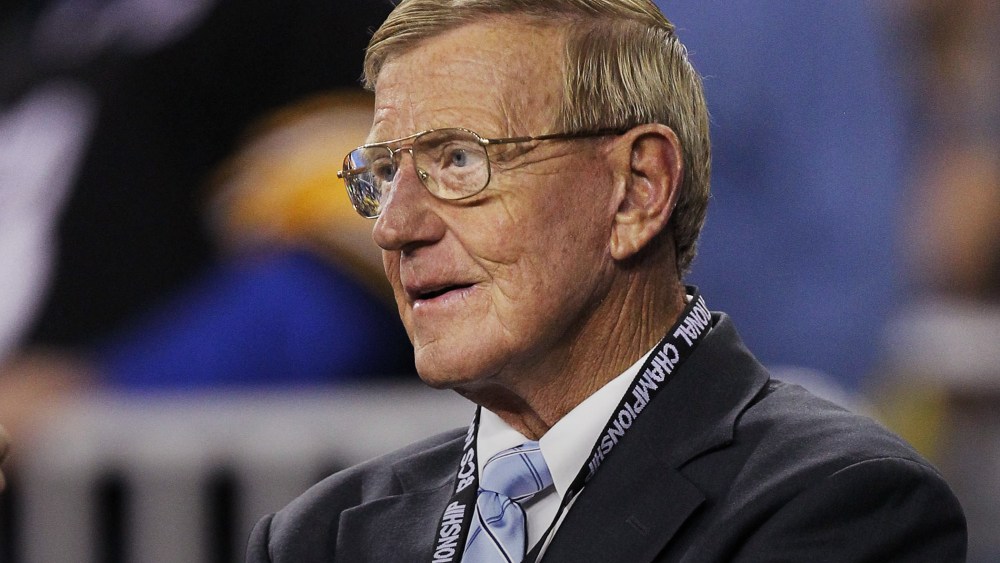 ESPN reporter Lou Holtz looks on during the Tostitos BCS National Championship Game at University of Phoenix Stadium on Jan. 10, 2011 in Glendale, Ariz. (Photo by Ronald Martinez/Getty)