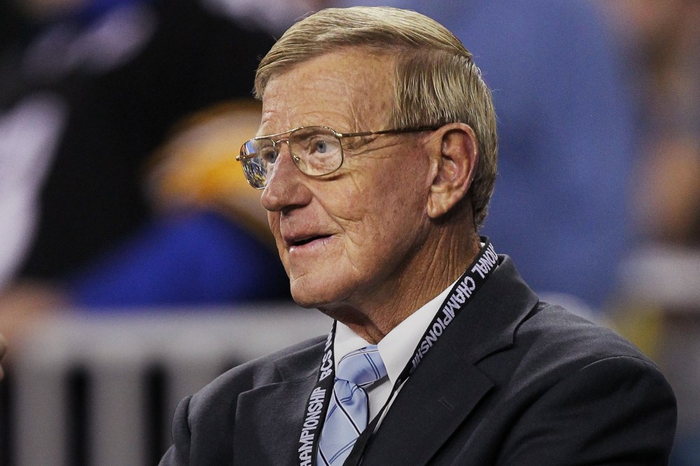 ESPN reporter Lou Holtz looks on during the Tostitos BCS National Championship Game at University of Phoenix Stadium on Jan. 10, 2011 in Glendale, Ariz. (Photo by Ronald Martinez/Getty)