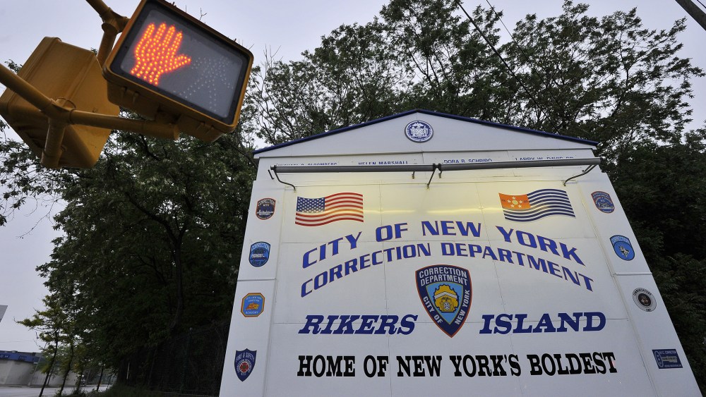 A sign for Rikers Island is pictured in Queens, New York. (Photo by Jewel Samad/AFP/Getty)