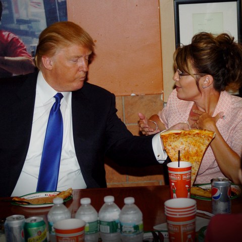 Sarah Palin and Donald Trump sat down for pizza at Famous Famiglia pizza on Broadway at 50th St., New York City, 2011. (Photo by John Roca/NY Daily News/Getty)