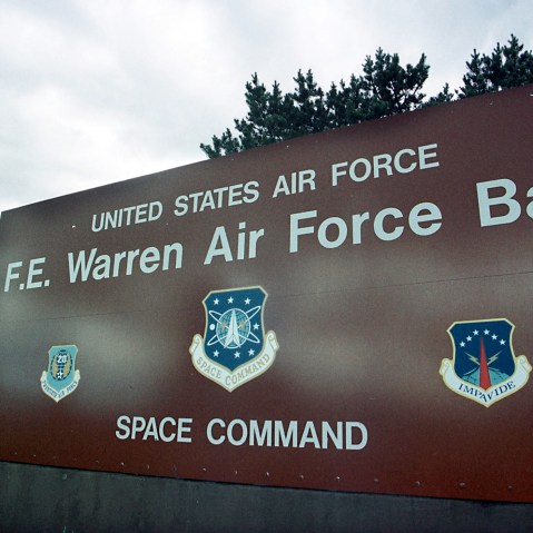 391774 01: A MX or "Peacekeeper" missile sits at the entrance of Warren Air Force base, July 11, 2001 near Cheyenne, WY. (Photo by Michael Smith/Getty)
