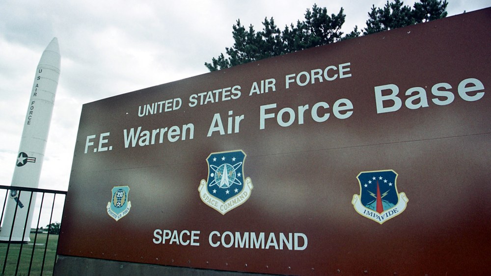 391774 01: A MX or "Peacekeeper" missile sits at the entrance of Warren Air Force base, July 11, 2001 near Cheyenne, WY. (Photo by Michael Smith/Getty)