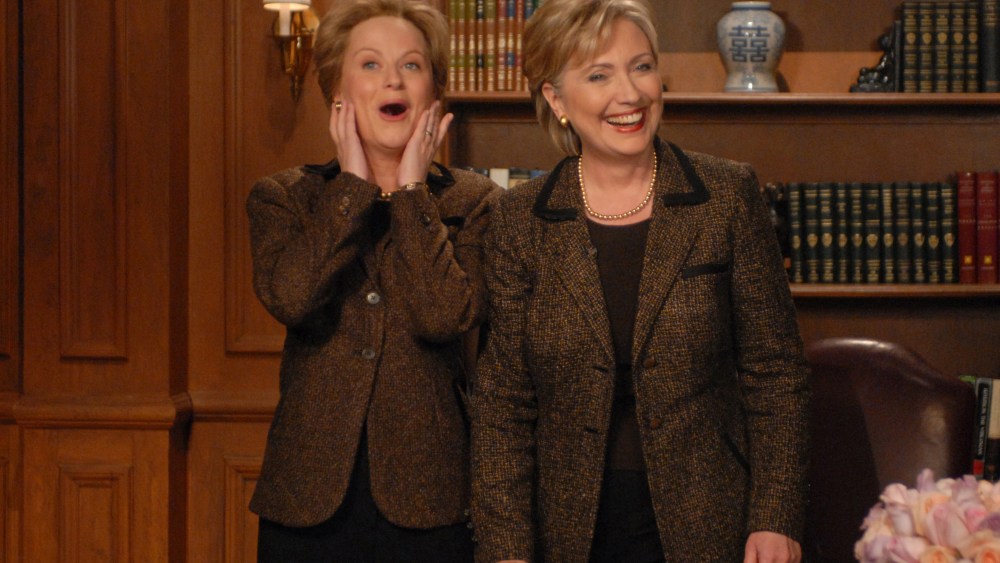 Senator Hillary Clinton delivers an "editorial response" to SNL's parody of this week's Democratic debate with Amy Poehler who plays Clinton on the show, March 1, 2008. (Photo by Dana Edelson/NBC/NBCU Photo Bank/Getty)