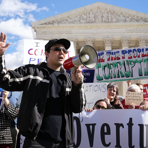Eric Byler, Co-founder and President of the Coffee Party, speaks during a protest against Citizens United in front of the U.S. Supreme Court Feb. 23, 2012 in Washington, DC. (Photo by Alex Wong/Getty)
