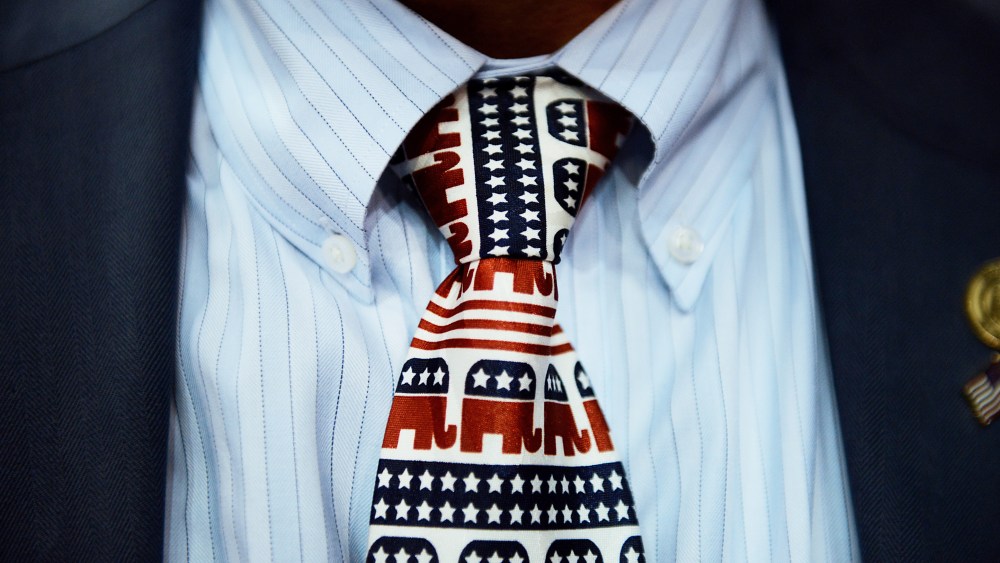 A tie decorated with elephant mascots at the Republican National Convention (RNC) in Tampa, Fla. (Photo by Daniel Acker/Bloomberg/Getty)