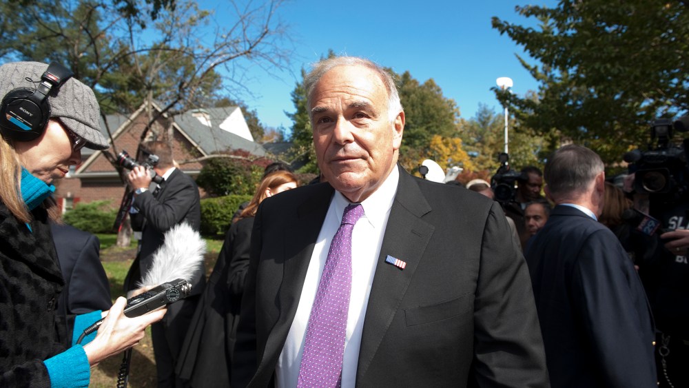 Edward Rendell the former Governor of Pennsylvania talks with the media at the funeral of former senator, Oct. 16, 2012. (Photo By Douglas Graham/CQ Roll Call/Getty)