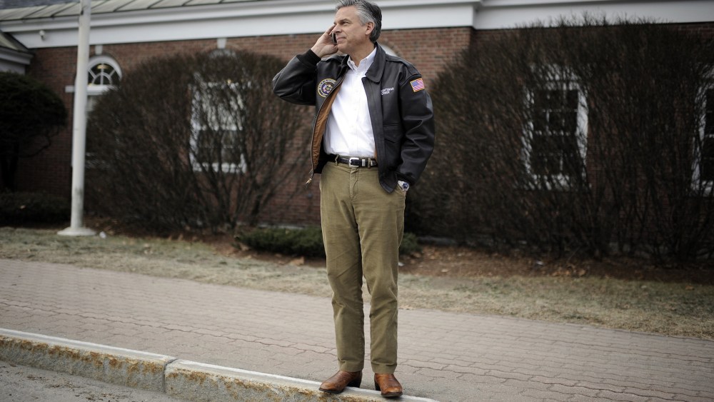 Former Utah Gov. Jon Huntsman talks on the phone on the side of the road on Jan. 09, 2012 in Newport, N.H. (Photo by Charles Ommanney/Getty)