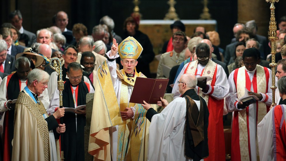 The Most Reverend Justin Welby gives a blessing after being enthroned as the new Archbishop of Canterbury at Canterbury Cathedral on March 21, 2013 in Canterbury, England. (Photo by Gareth Fuller/WPA Pool/Getty)