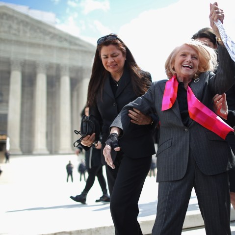 Edith Windsor acknowledges her supporters as she leaves the Supreme Court March 27, 2013 in Washington, DC. (Photo by Chip Somodevilla/Getty)