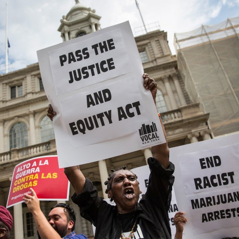 Elizabeth Owens protests on the steps of New York City Hall in support of the Fairness and Equity Act on July 9, 2014 in New York City. (Photo by Andrew Burton/Getty)