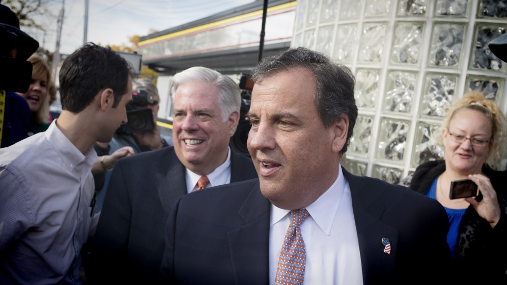 N.J. Governor Chris Christie (right) returns to the state of Maryland to campaign and support Republican Gubernatorial candidate Larry Hogan at the Honey Bee Diner in Glen Burnie, Md. on Oct. 28, 2014. (Photo by Marvin Joseph/The Washington Post/Getty)
