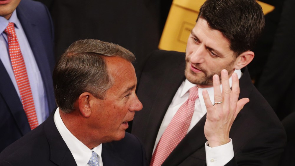 Speaker of the House John Boehner talks with Rep. Paul Ryan in the House of Representatives chamber at the U.S. Capitol Jan. 6, 2015 in Washington, DC. (Photo by Chip Somodevilla/Getty)