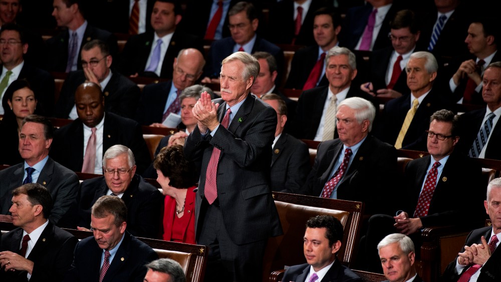 Sen. Angus King, I-Me., applauds in the Capitol's House chamber during President Barack Obama's State of the Union address, Jan. 20, 2015. (Photo By Tom Williams/CQ Roll Call/Getty)