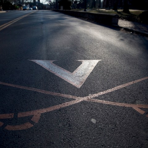 The University of Virginia (UVA) is displayed on University Avenue next to the UVA campus in Charlottesville, Va. on Jan. 17, 2015. (Photo by Andrew Harrer/Bloomberg/Getty)