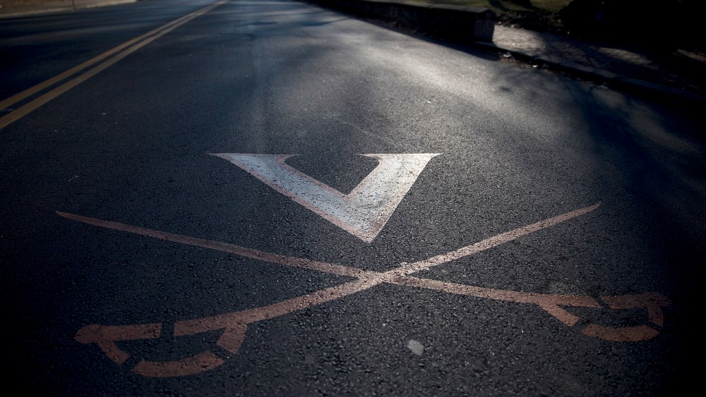 The University of Virginia (UVA) is displayed on University Avenue next to the UVA campus in Charlottesville, Va. on Jan. 17, 2015. (Photo by Andrew Harrer/Bloomberg/Getty)
