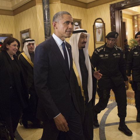 U.S. President Obama walks alongside Saudi's newly appointed King Salman at Erga Palace in Riyadh on Jan. 27, 2015 following his arrival in Saudi Arabia. (Photo by Saul Loeb/AFP/Getty)