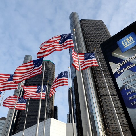 General Motors headquarters in the Renaissance Center are seen on Jan. 14, 2014 in Detroit. (Photo by Stan Honda/AFP/Getty)