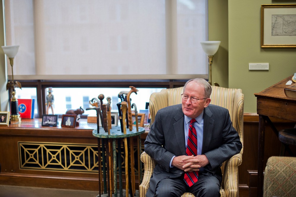 Sen. Lamar Alexander, R-Tenn., is interviewed by CQ Roll Call in his Dirksen Building office, Feb. 2, 2015. (Photo By Tom Williams/CQ Roll Call/Getty)