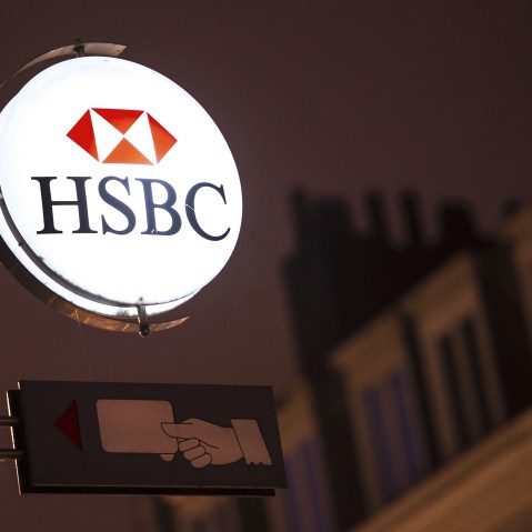 A picture taken on Feb. 12, 2015 in the northern France shows the logo of banking giant HSBC on a sign of one of the bank's branch. (Photo by Philippe Huguen/AFP/Getty)