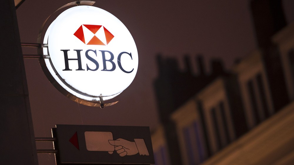 A picture taken on Feb. 12, 2015 in the northern France shows the logo of banking giant HSBC on a sign of one of the bank's branch. (Photo by Philippe Huguen/AFP/Getty)