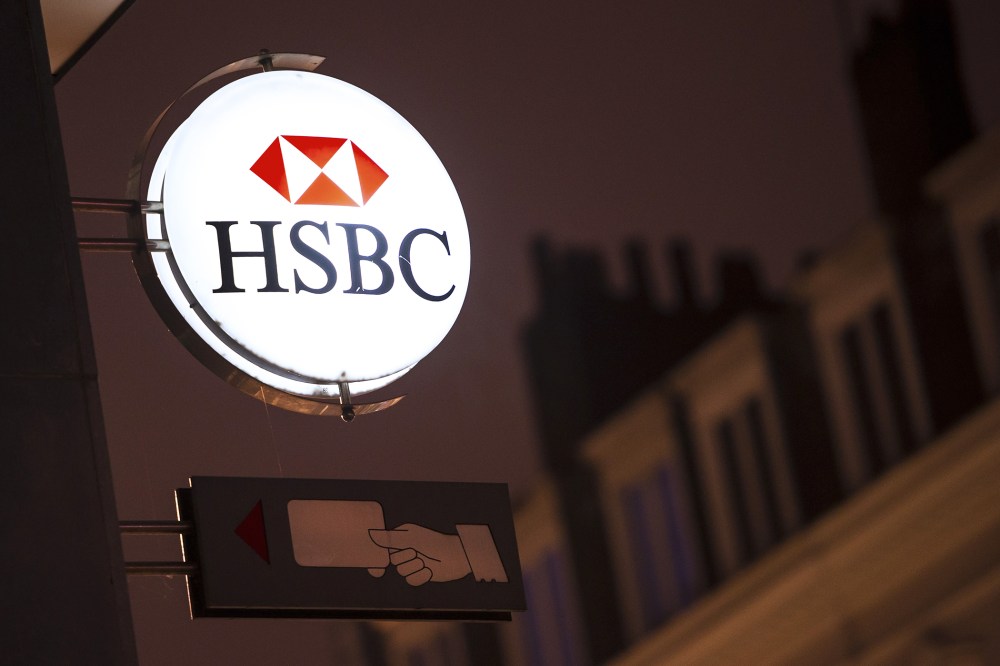 A picture taken on Feb. 12, 2015 in the northern France shows the logo of banking giant HSBC on a sign of one of the bank's branch. (Photo by Philippe Huguen/AFP/Getty)
